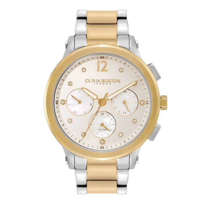 White Dial Watches Olivia Burton Women 38mm MultiFunction Metallic White and Two Tone Bracelet Watch White Dial Watches Olivia Burton Women 38mm MultiFunction Metallic White and Two Tone Bracelet Watch