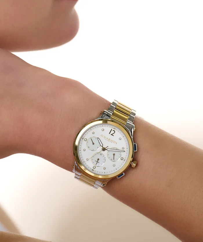 White Dial Watches Olivia Burton Women 38mm MultiFunction Metallic White and Two Tone Bracelet Watch