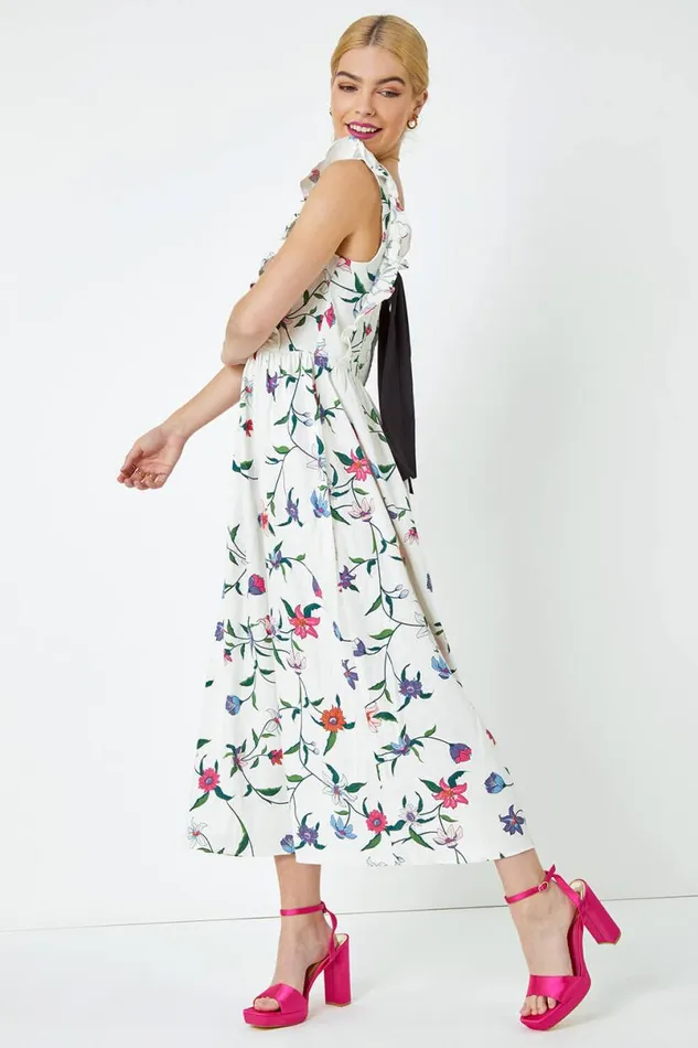 White Floral Print Frill Detail Maxi Dress Women Roman Dresses