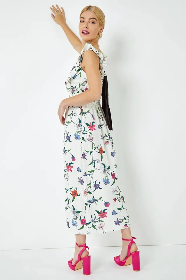 White Floral Print Frill Detail Maxi Dress Women Roman Dresses