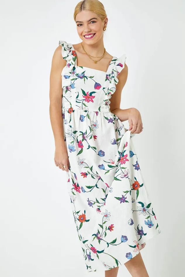 White Floral Print Frill Detail Maxi Dress Women Roman Dresses