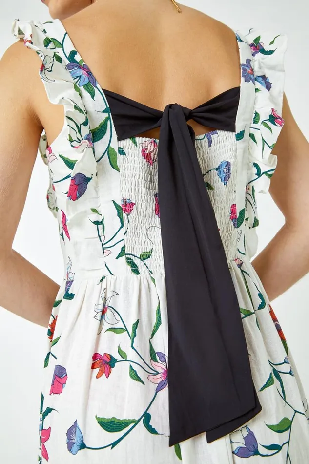 White Floral Print Frill Detail Maxi Dress Women Roman Dresses