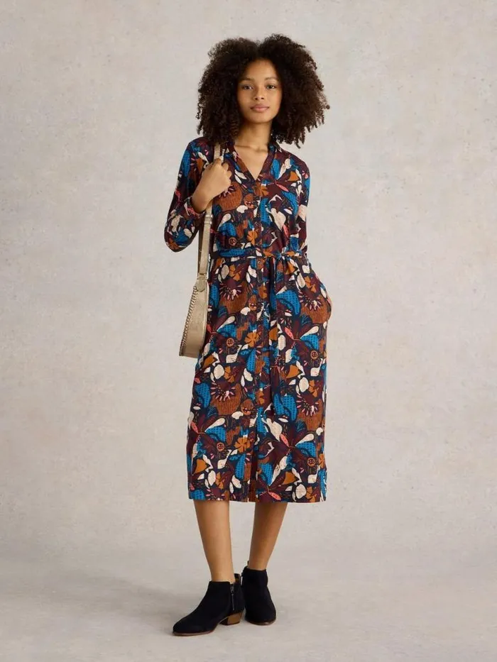 White Stuff Dresses Women Annie Cotton Shirt Dress Navy Print