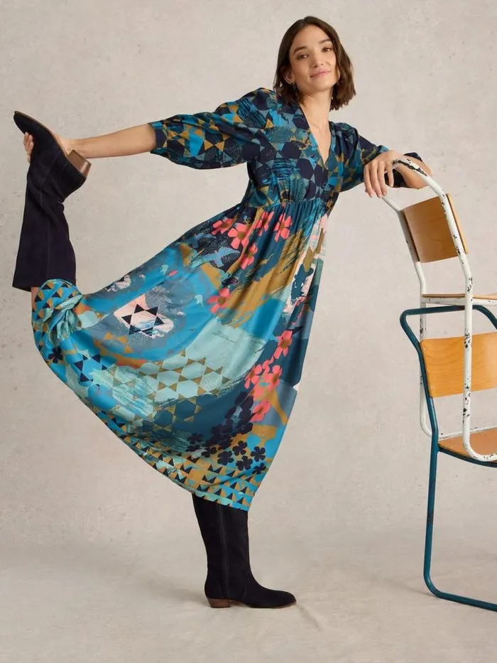 White Stuff Dresses Women Lucy Midi Printed Dress Teal Print