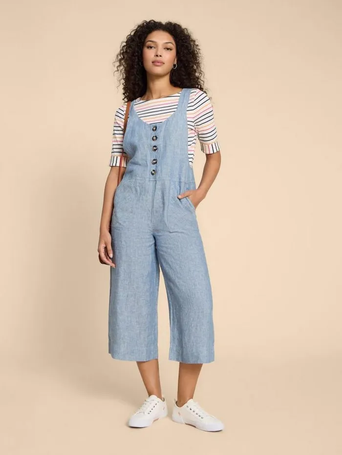 White Stuff Dresses Women Viola Crop Linen Dungaree Chambray Blue