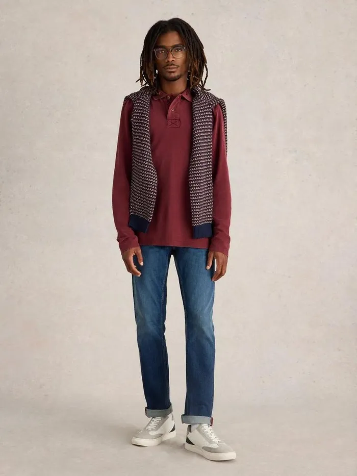 White Stuff Polo Shirts Men LS Utility Polo Dk Plum