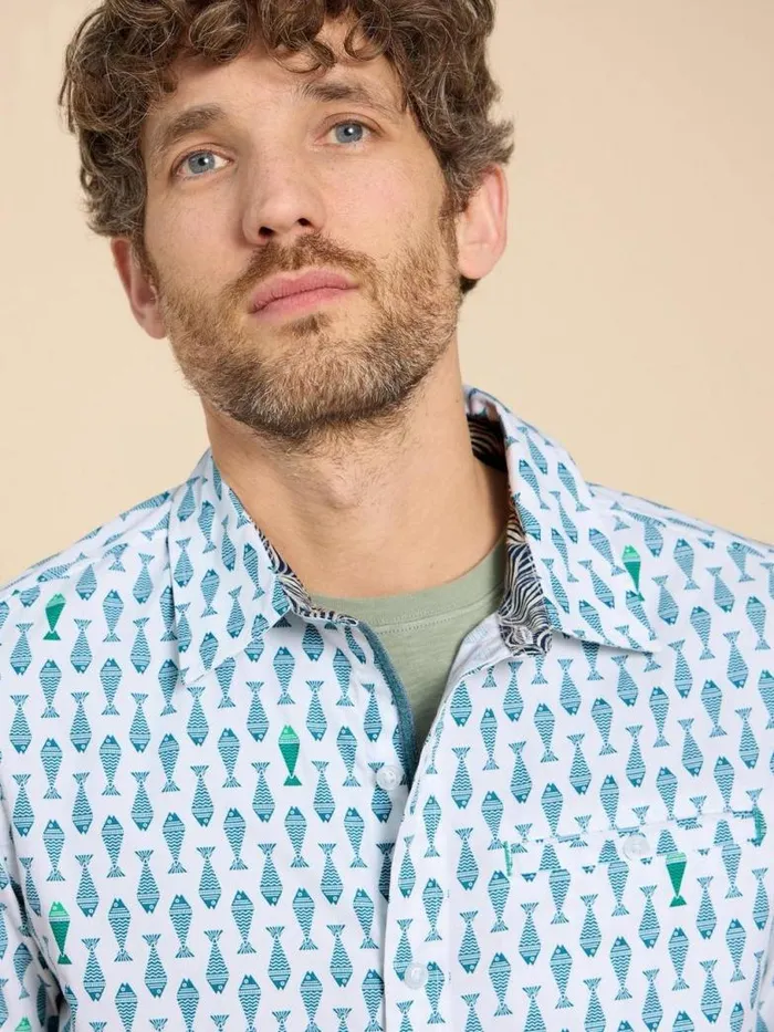 White Stuff Shirts Men Geo Fish Printed SS Shirt White Print White Stuff Shirts Men Geo Fish Printed SS Shirt White Print