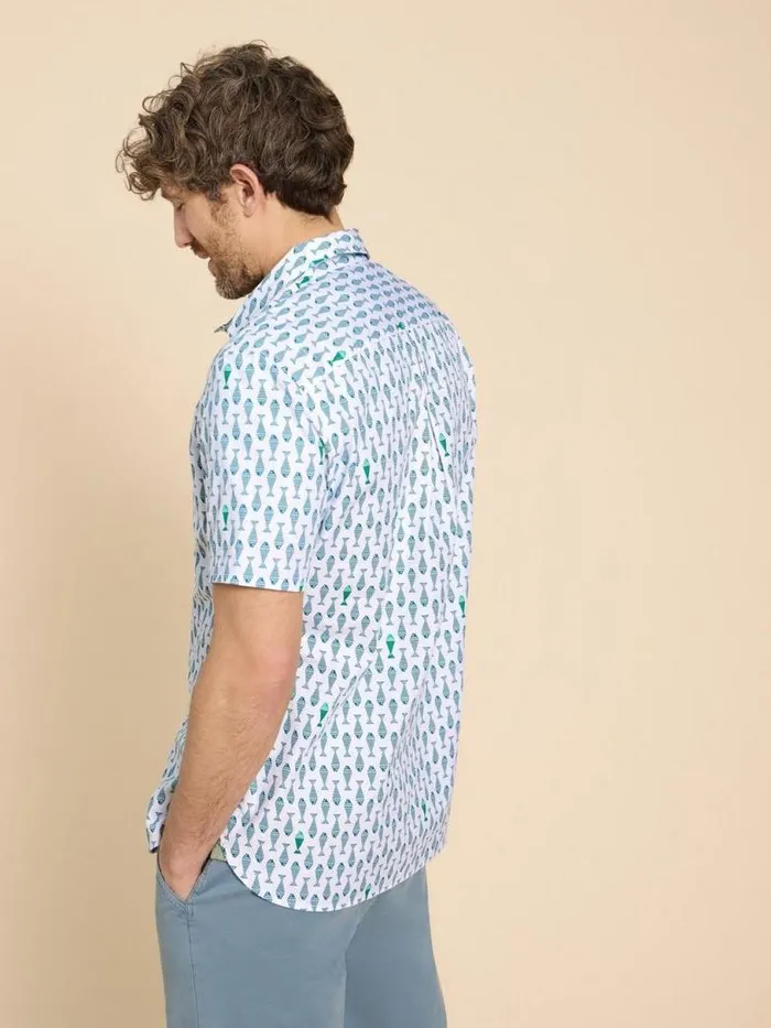 White Stuff Shirts Men Geo Fish Printed SS Shirt White Print White Stuff Shirts Men Geo Fish Printed SS Shirt White Print