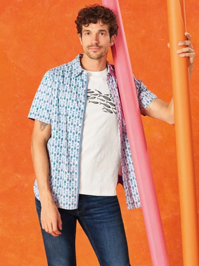 White Stuff Shirts Men Geo Fish Printed SS Shirt White Print White Stuff Shirts Men Geo Fish Printed SS Shirt White Print