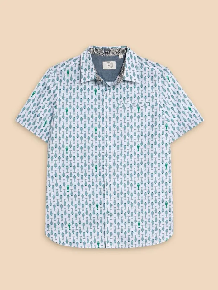 White Stuff Shirts Men Geo Fish Printed SS Shirt White Print White Stuff Shirts Men Geo Fish Printed SS Shirt White Print