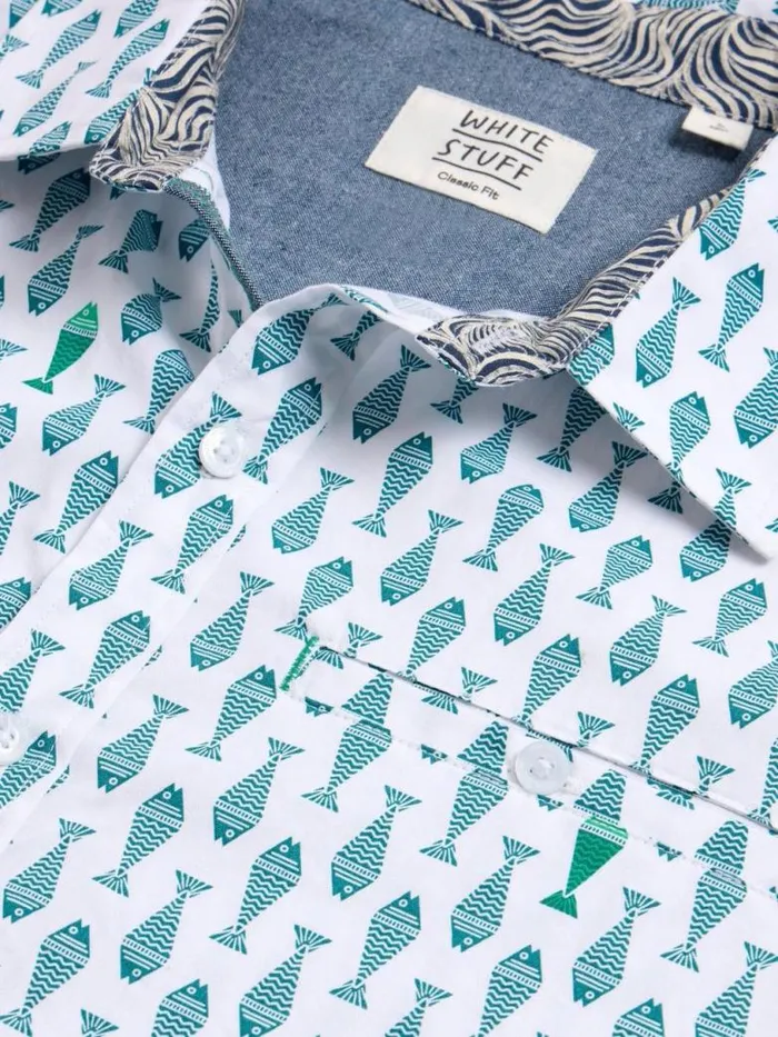 White Stuff Shirts Men Geo Fish Printed SS Shirt White Print White Stuff Shirts Men Geo Fish Printed SS Shirt White Print