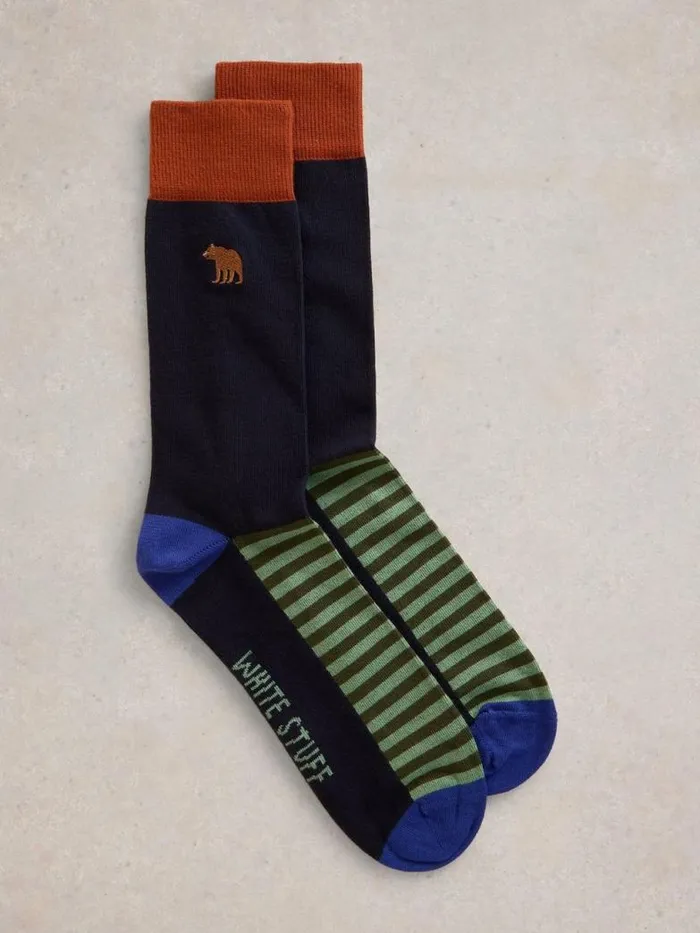 White Stuff Socks Men Embroidered Bear Ankle Sock Green Multi
