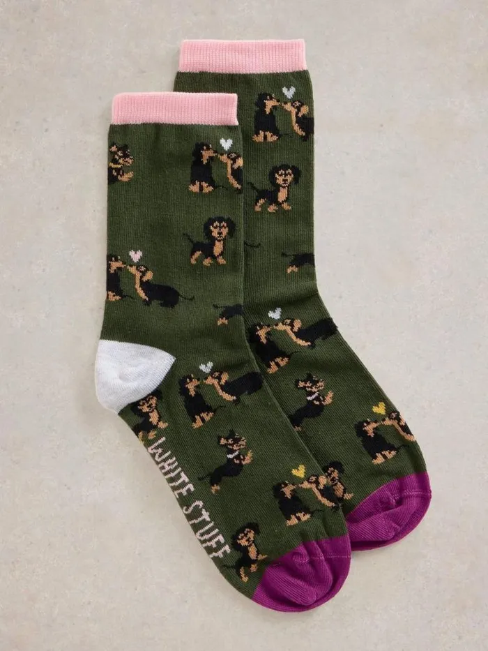 White Stuff Socks Women Kissing Sausage Dog Ankle Sock Green Multi