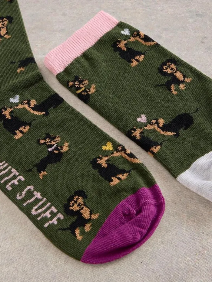 White Stuff Socks Women Kissing Sausage Dog Ankle Sock Green Multi White Stuff Socks Women Kissing Sausage Dog Ankle Sock Green Multi