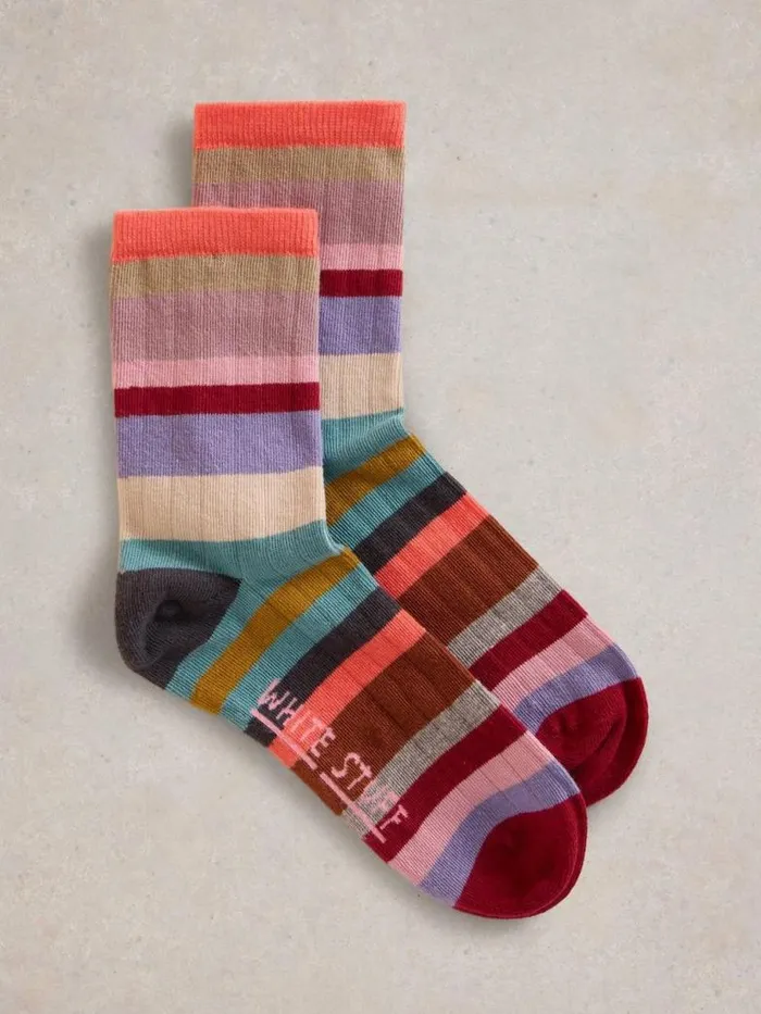 White Stuff Socks Women Ribbed Stripe Cotton Ankle Sock Blue Multi
