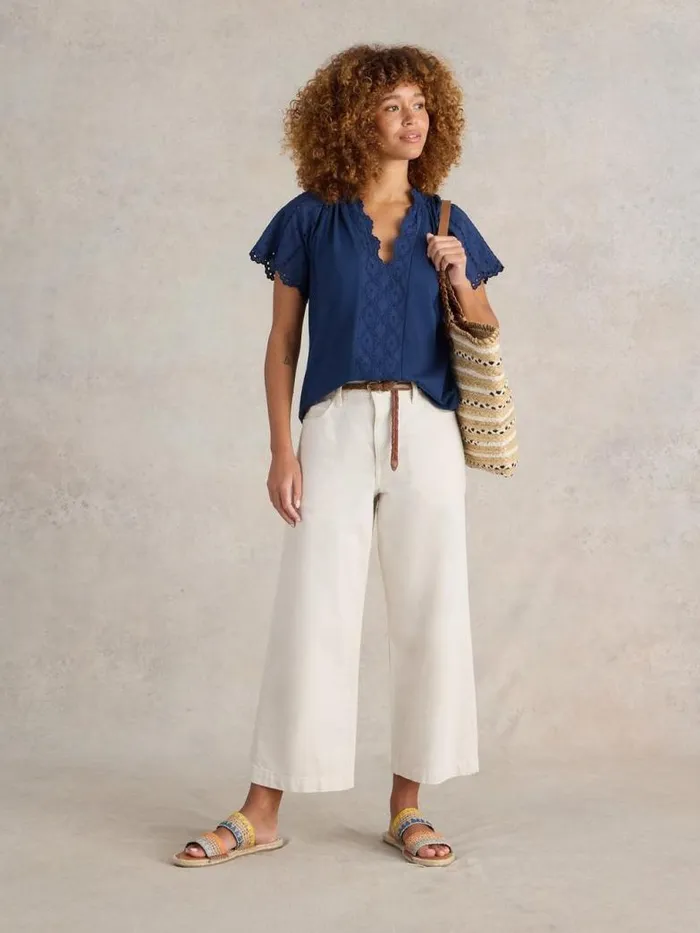 White Stuff Tops and TShirts Women FLUTTER SLEEVE BRODERIE TOP French Navy