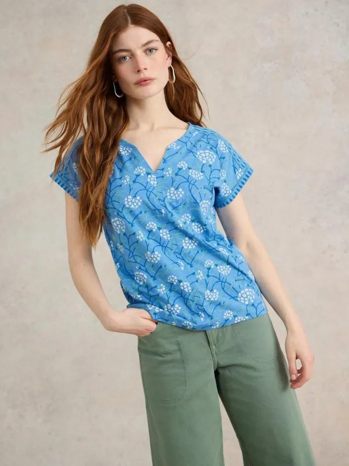 White Stuff Tops and TShirts Women NELLY NOTCH NECK COTTON TEE Blue Print