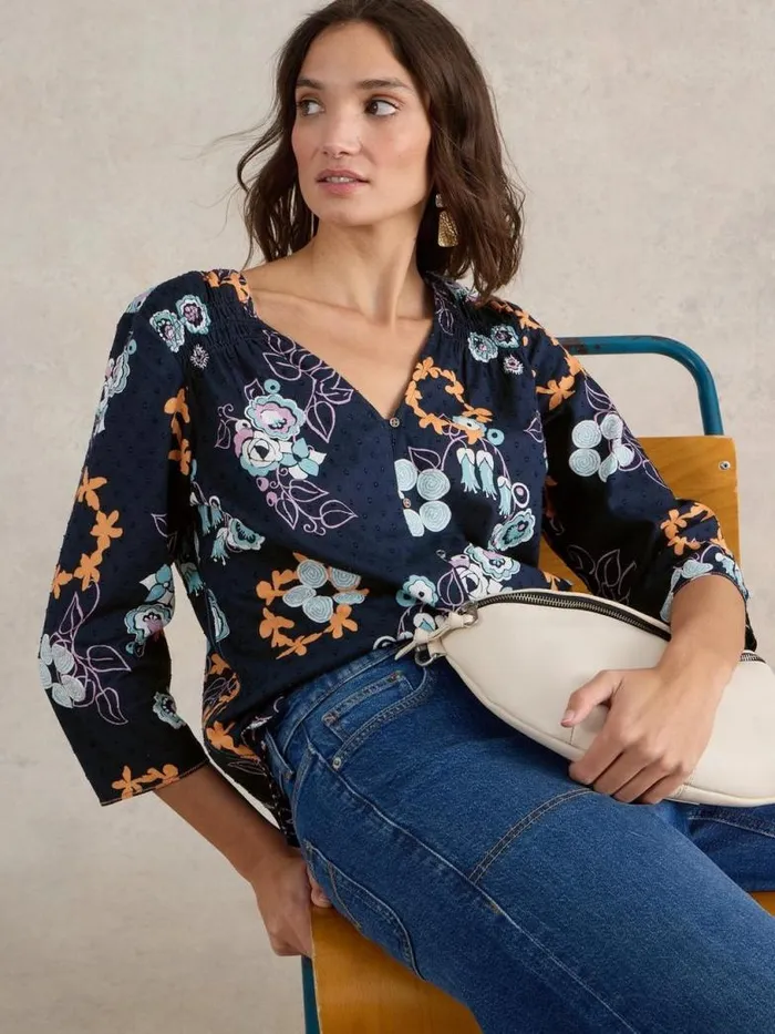 White Stuff Tops and TShirts Women Rae Organic Cotton V Neck Top Navy Print