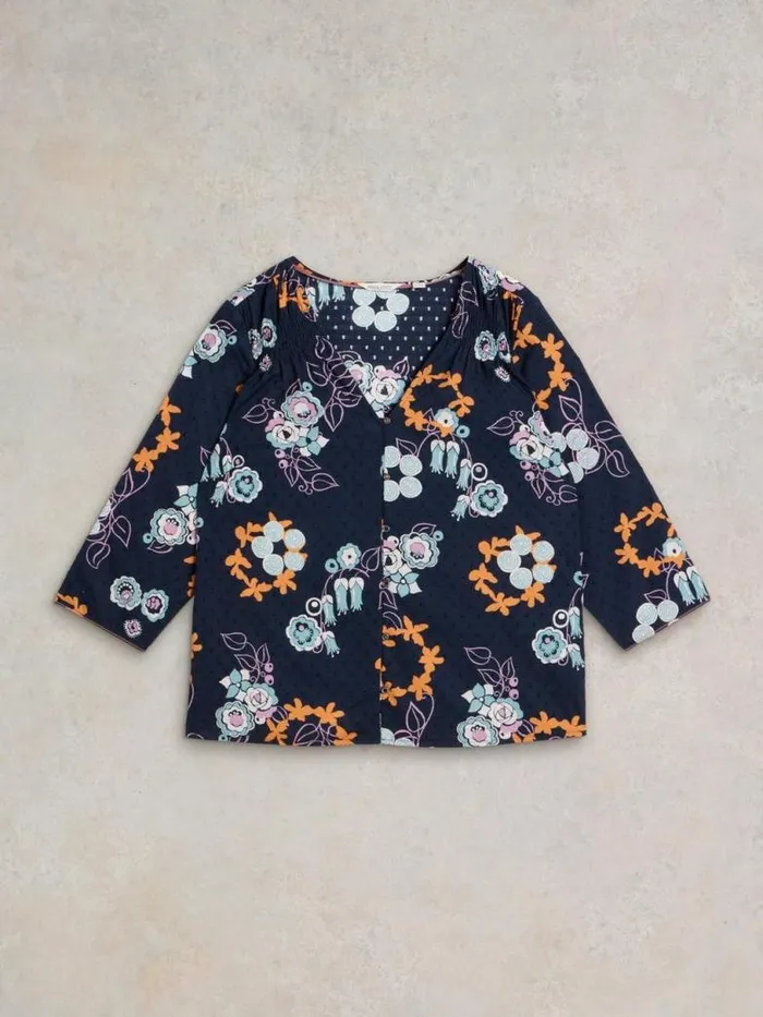 White Stuff Tops and TShirts Women Rae Organic Cotton V Neck Top Navy Print White Stuff Tops and TShirts Women Rae Organic Cotton V Neck Top Navy Print