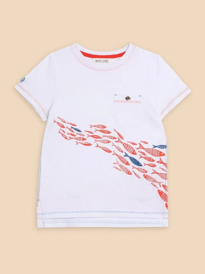 White Stuff Tops Kids Shoal Fish SS Graphic Tee Ivory Print