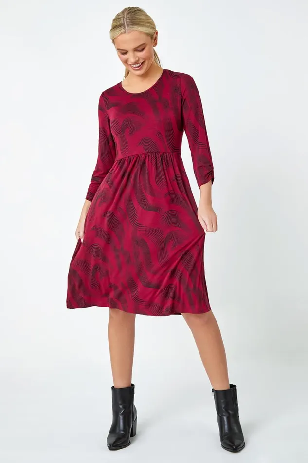 Wine Petite Swirl Print Pocket Stretch Dress Women Roman Dresses