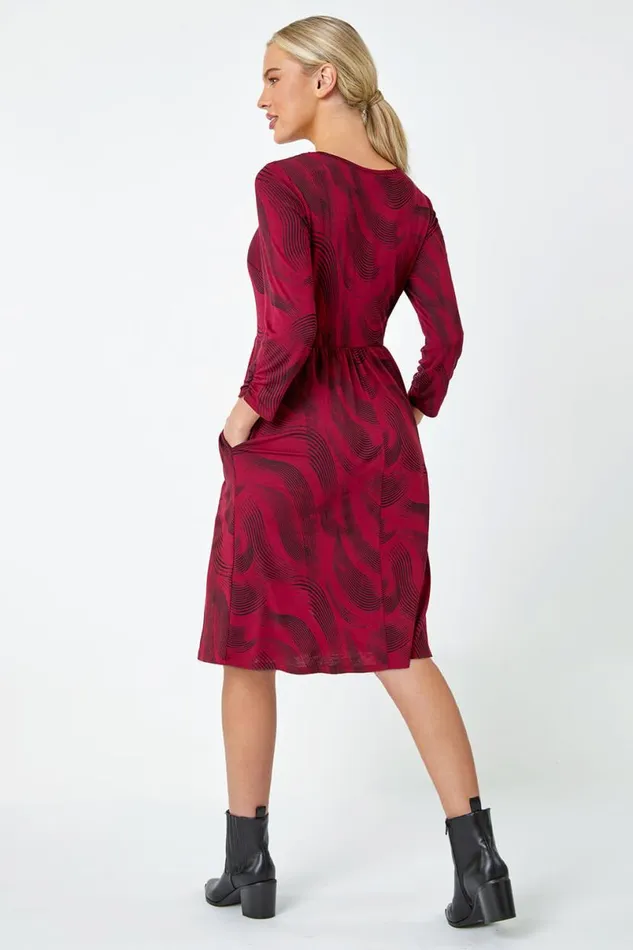 Wine Petite Swirl Print Pocket Stretch Dress Women Roman Dresses