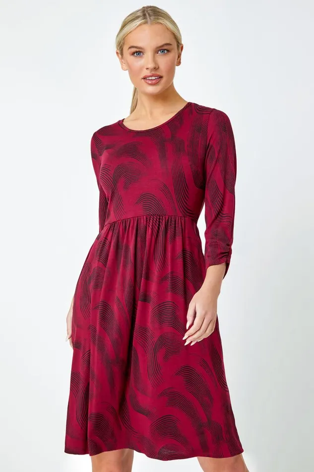 Wine Petite Swirl Print Pocket Stretch Dress Women Roman Dresses