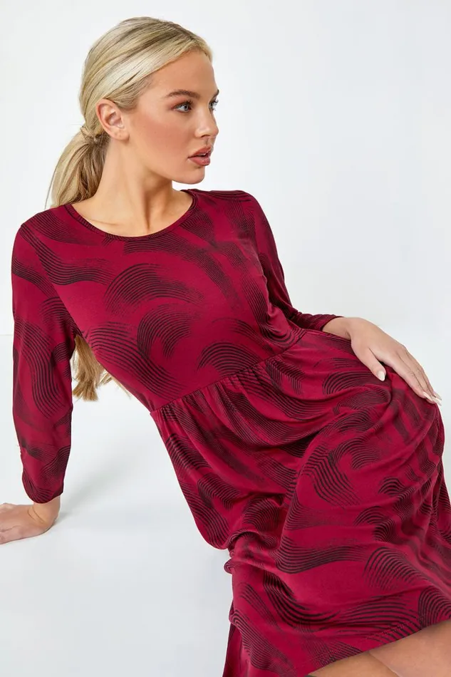 Wine Petite Swirl Print Pocket Stretch Dress Women Roman Dresses