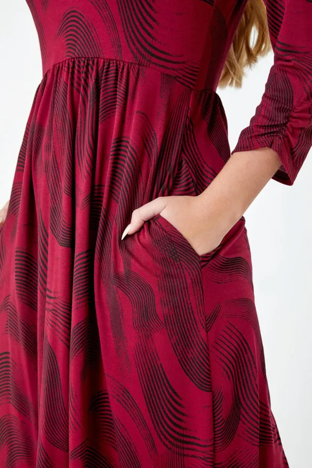 Wine Petite Swirl Print Pocket Stretch Dress Women Roman Dresses