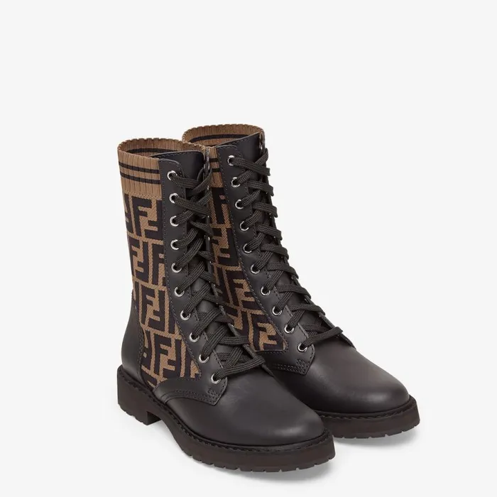 Woman Black Leather Biker Boots With Stretch Fabric Black Fendi Boots and Ankle Boots
