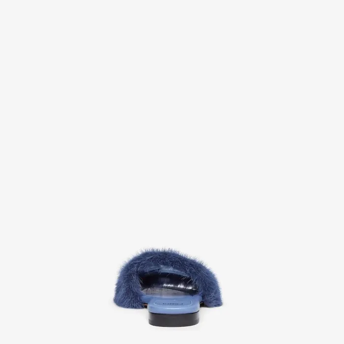 Woman Blue Mink Slides Blue Fendi Slides and Mules