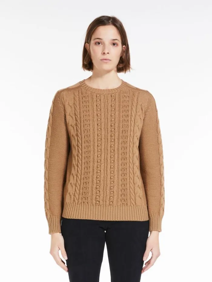 Woman Crewneck Cotton And Wool Knit Jumper Camel Maxmara Knitwear And Sweatshirts