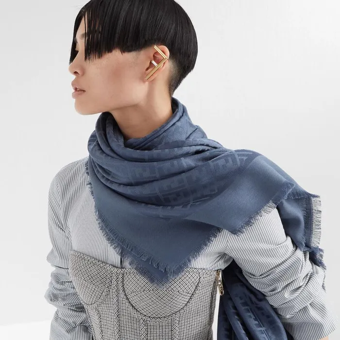 Woman Dark Blue Organic Silk And Wool Shawl Blue Fendi Scarves and Silks