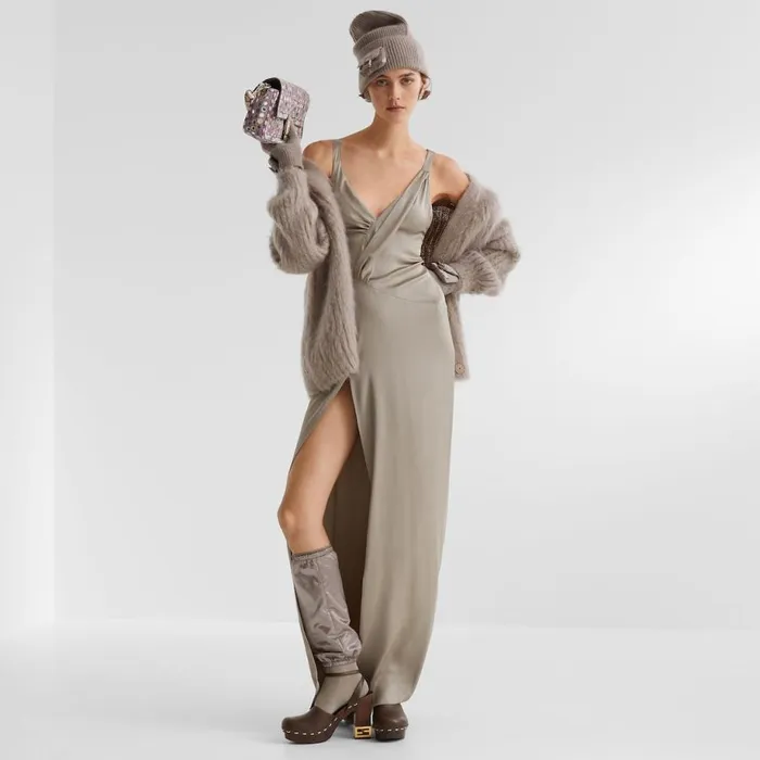 Woman Dress In Dove Grey Satin Beige Fendi Dresses and Jumpsuits