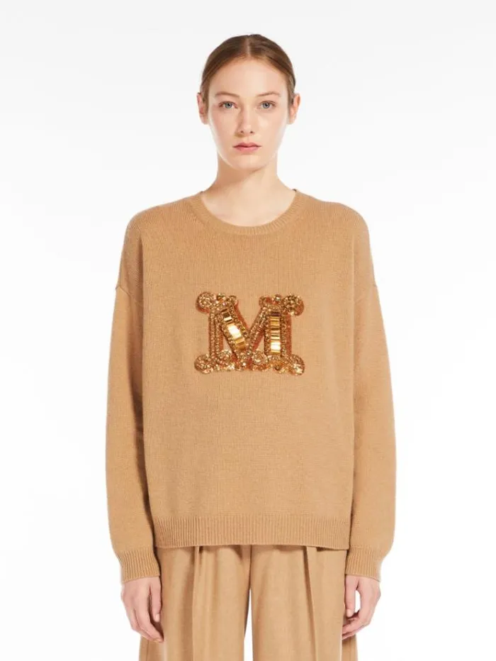 Woman Jewel Embroidered Cashmere Jumper Camel Maxmara Knitwear And Sweatshirts