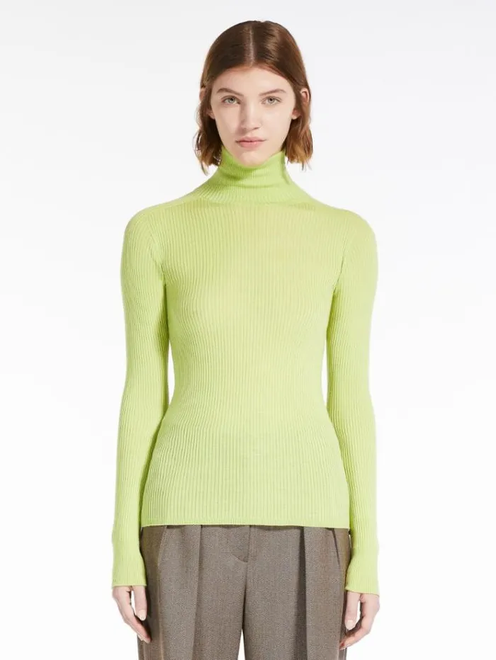 Woman Pure Virgin Wool Mock Poloneck Sweater Lime Maxmara Knitwear And Sweatshirts