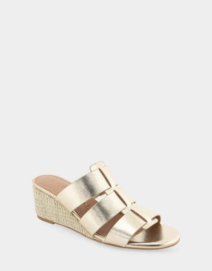 Women Aerosoles Dress Comfortable Fisherman Mid Wedge Slide In Soft Gold Faux Leather