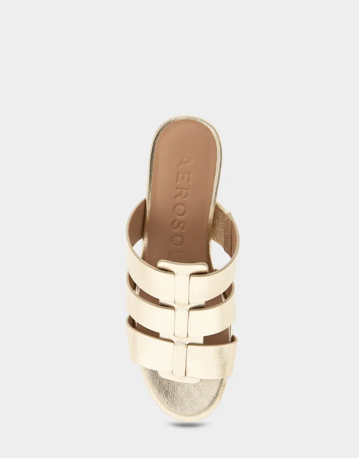 Women Aerosoles Dress Comfortable Fisherman Mid Wedge Slide In Soft Gold Faux Leather