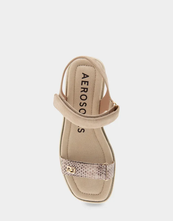 Women Aerosoles Flats Comfortable Adjustable Quarter Strap Sandal In Roccia Snake Print Leather