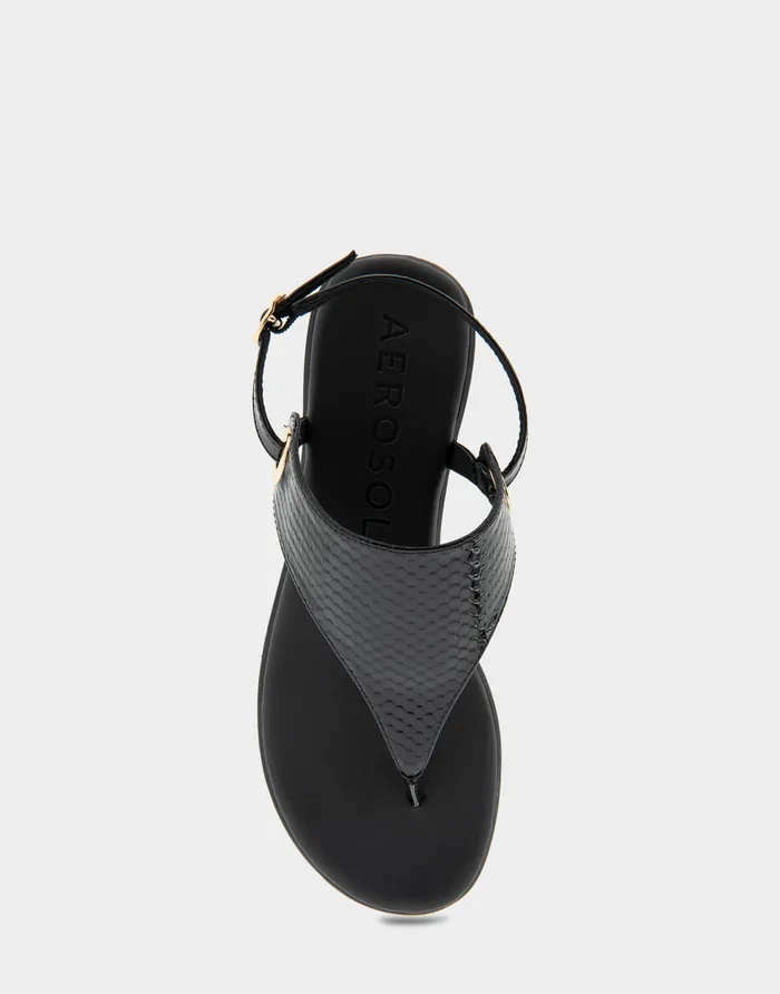 Women Aerosoles Flats Comfortable Back Strap Thong Sandal In Black Snake Patent Faux Leather