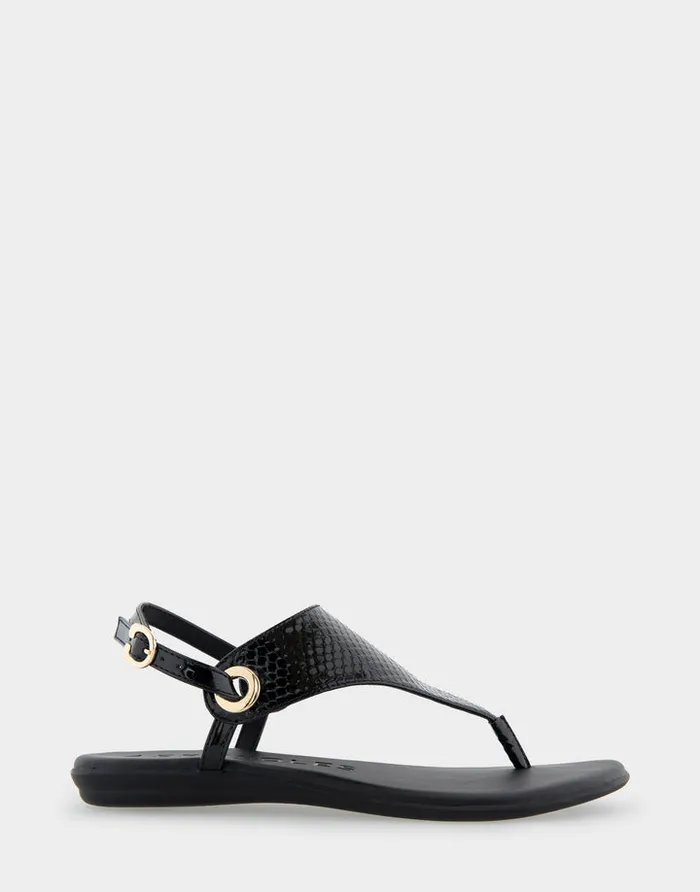 Women Aerosoles Flats Comfortable Back Strap Thong Sandal In Black Snake Patent Faux Leather