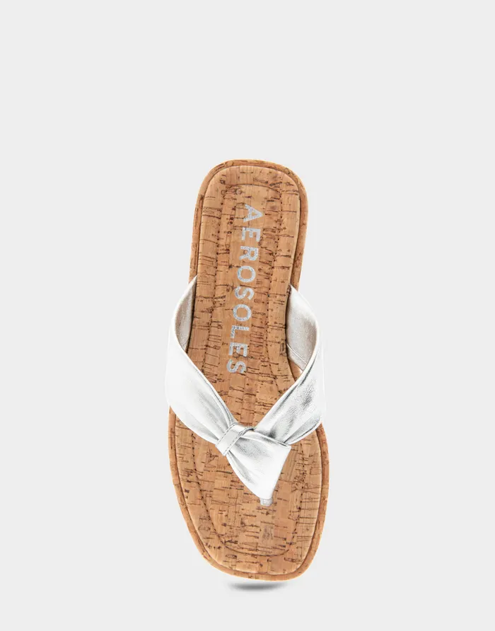 Women Aerosoles Flats Comfortable Knotted Thong Sandal In Silver Metallic Leather