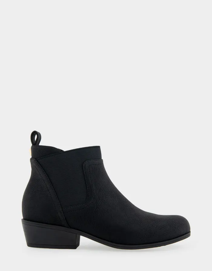 Women Aerosoles Heeled Boots Comfortable Gored Ankle Bootie With Pull Tab In Black Grainy Faux Leather Faux Leather