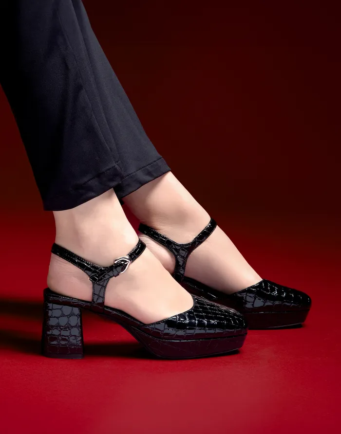 Women Aerosoles Platforms Comfortable Quarter Strap Two Piece Platform Pump In Black Croco Faux Leather