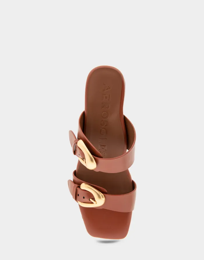 Women Aerosoles Slides Comfortable Two Strap Block Heel Slide Sandal In Gingerbread Leather