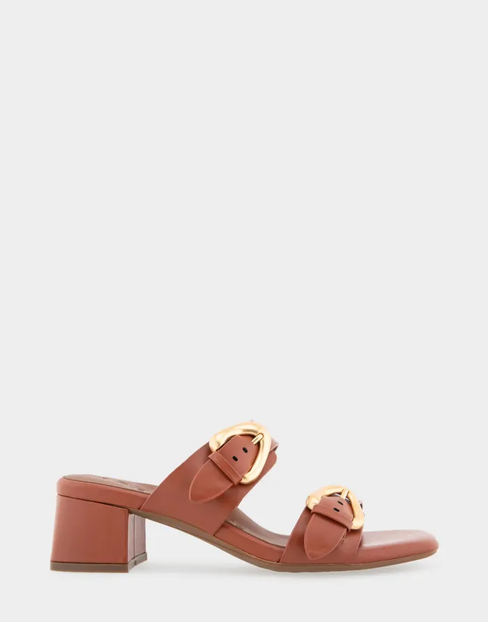 Women Aerosoles Slides Comfortable Two Strap Block Heel Slide Sandal In Gingerbread Leather