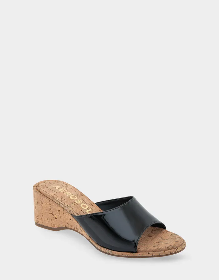 Women Aerosoles Slides Comfortable Wedge Slide Sandal In Black Patent Faux Leather