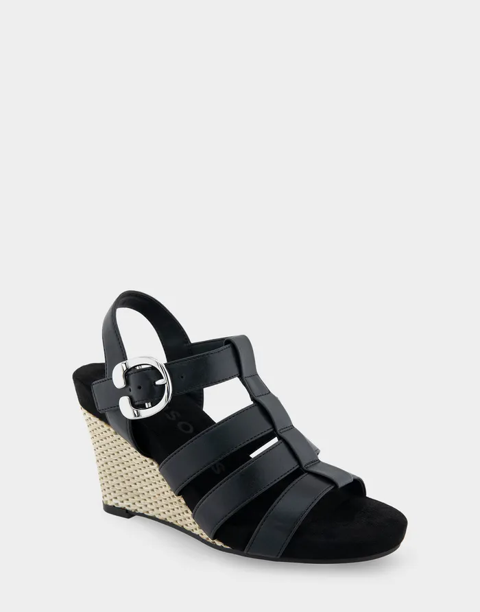 Women Aerosoles Wedges Comfortable Caged Footbed Wedge Sandal In Black Faux Leather