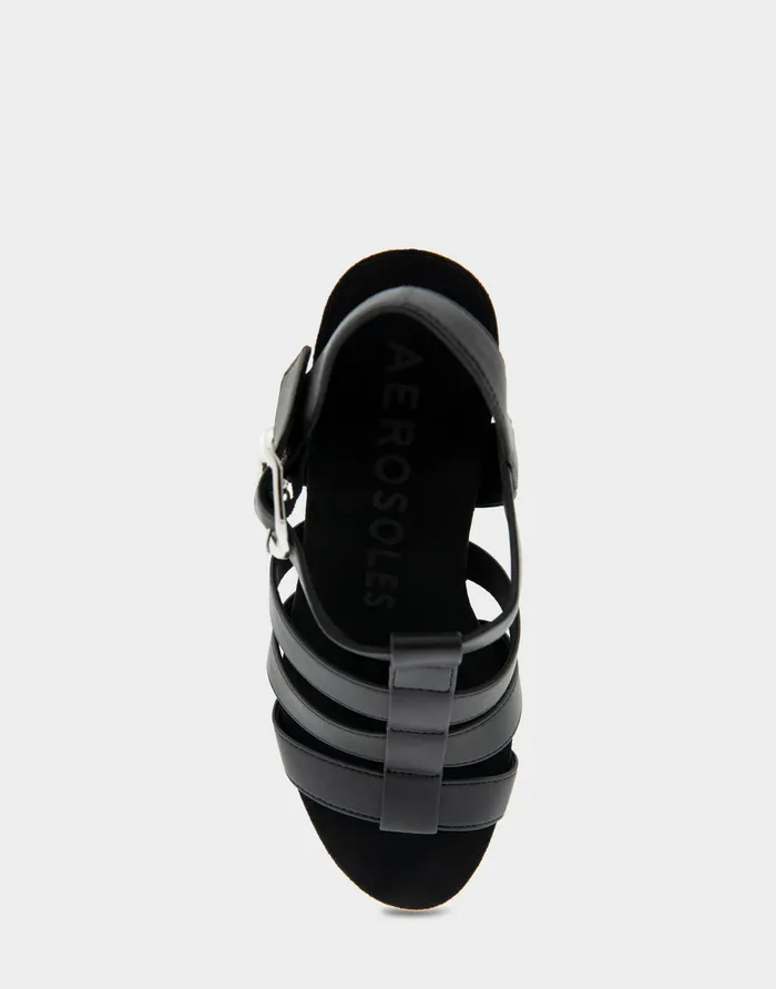 Women Aerosoles Wedges Comfortable Caged Footbed Wedge Sandal In Black Faux Leather
