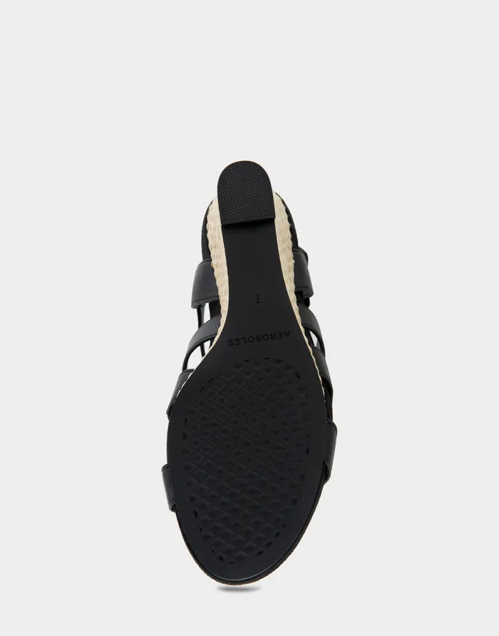Women Aerosoles Wedges Comfortable Caged Footbed Wedge Sandal In Black Faux Leather